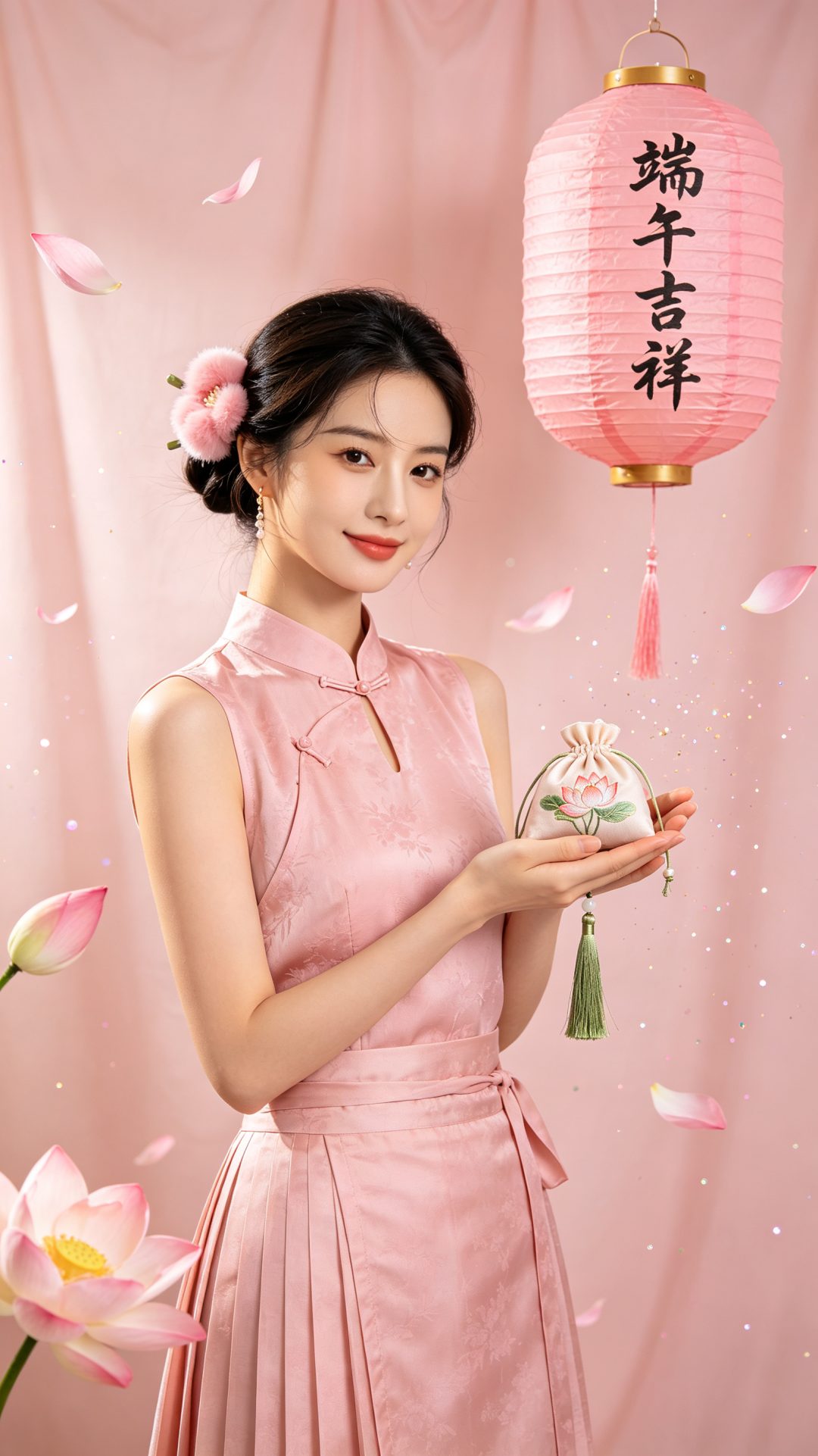 端午甜粉｜中式女子荷花香囊竖版手机壁纸