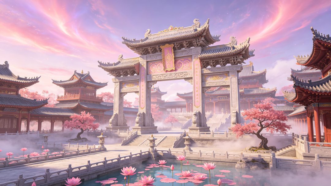 粉金国风宫殿极光庭院｜华贵仙侠横屏壁纸