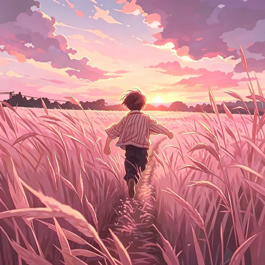 粉调麦浪少年壁纸：奔跑在黄昏田野的少年背影