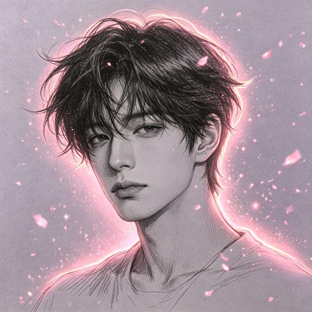 粉光勾边素描少年｜唯美头像1:1方形壁纸