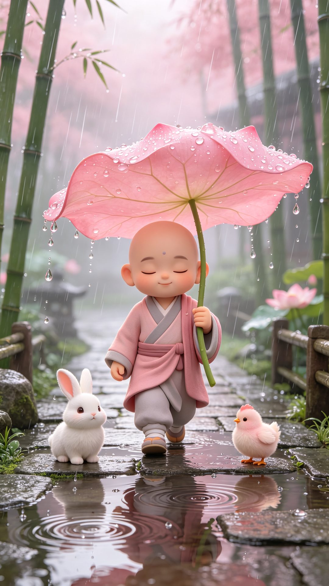 佛系治愈小和尚｜粉色荷叶伞可爱卡通手机壁纸