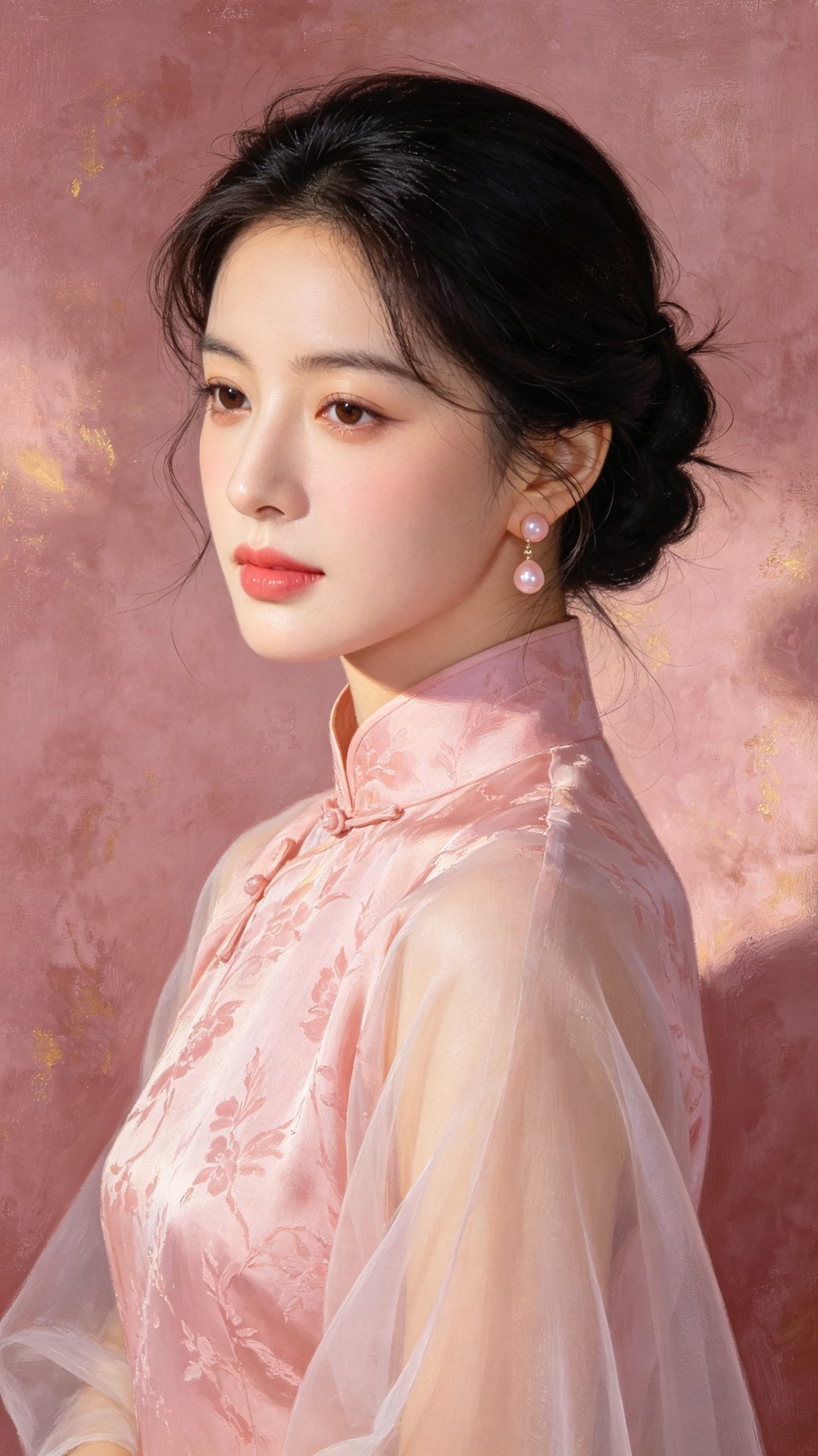 古典油画粉调女性特写｜柔粉旗袍竖版壁纸