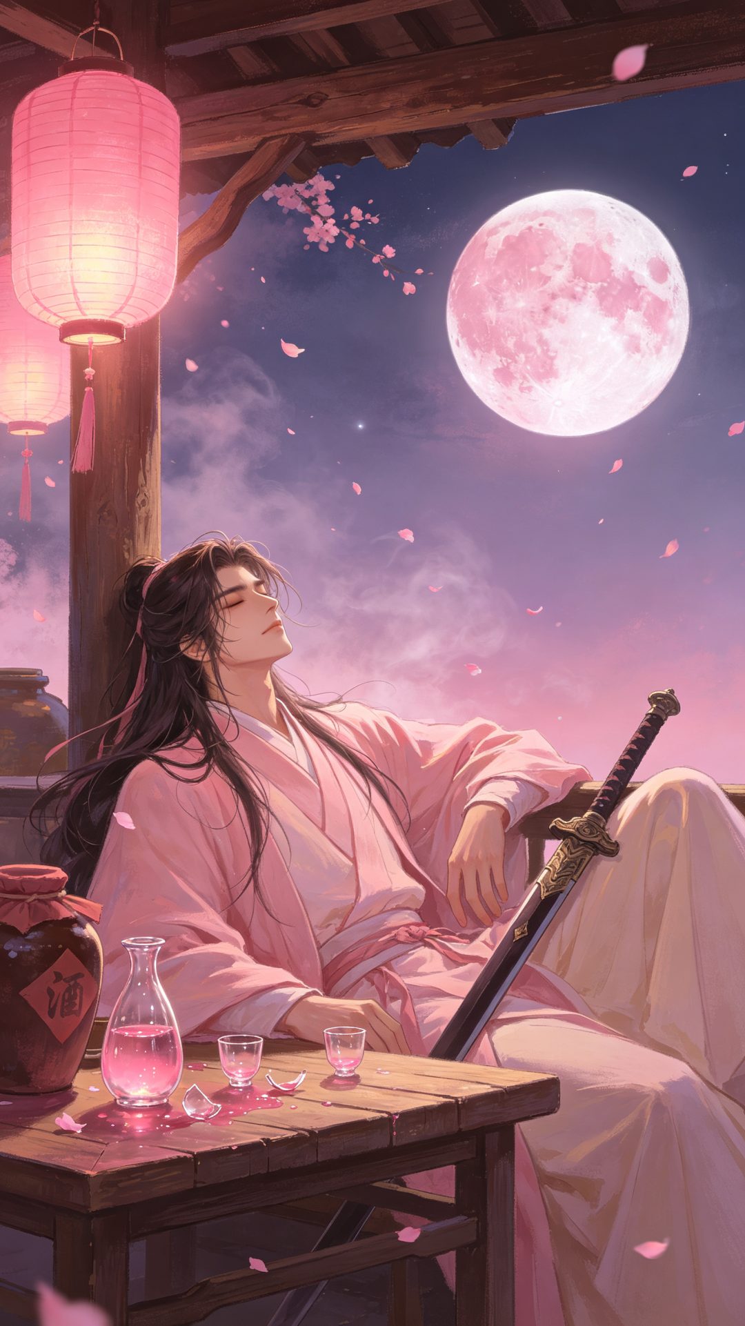 古风侠客酒肆 粉杏月夜竖版手机壁纸