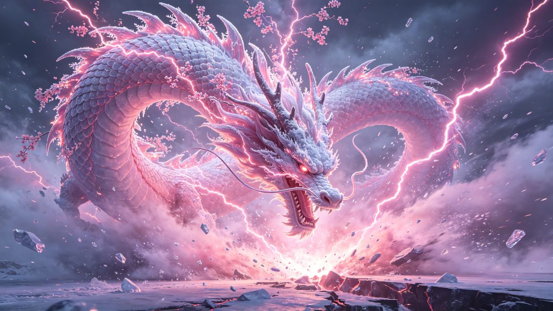 寒冰雷电神龙｜烟粉冰晶玄幻巨兽横屏壁纸