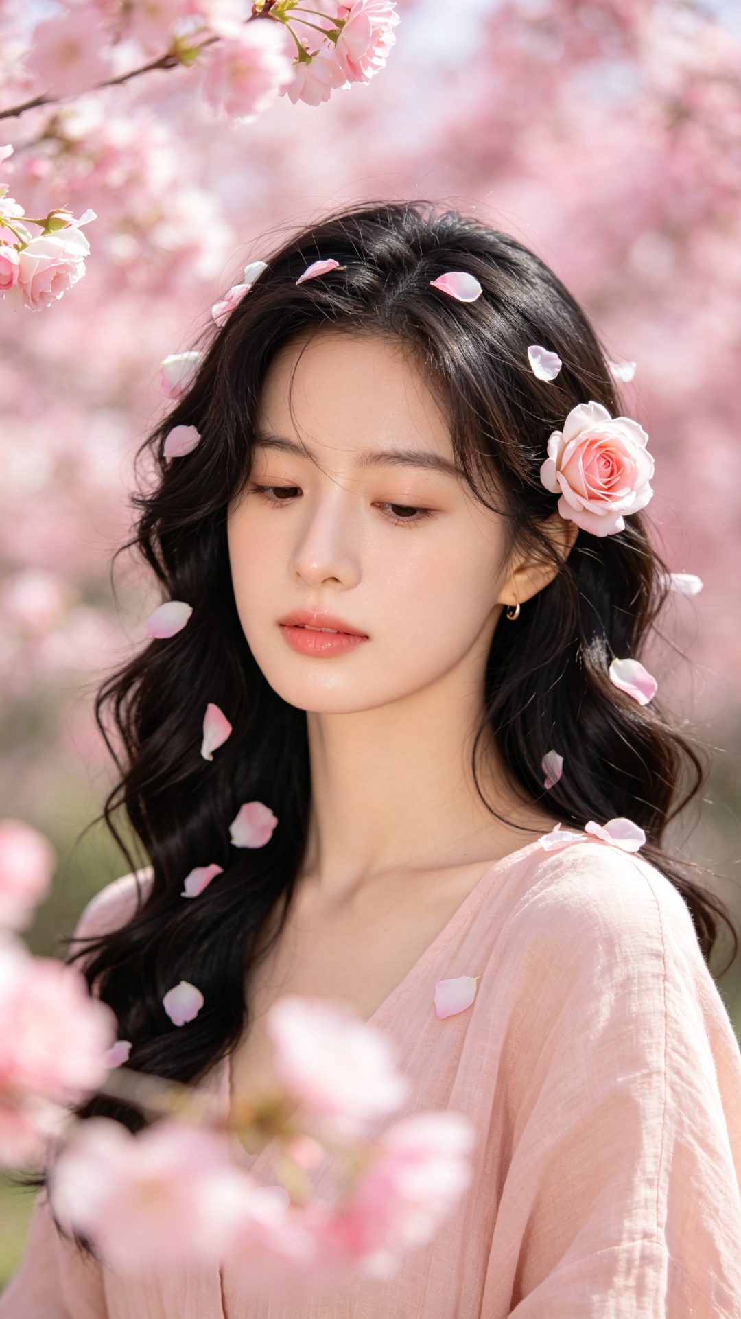 蔷薇花瓣伪素颜人像｜梦幻治愈竖版壁纸