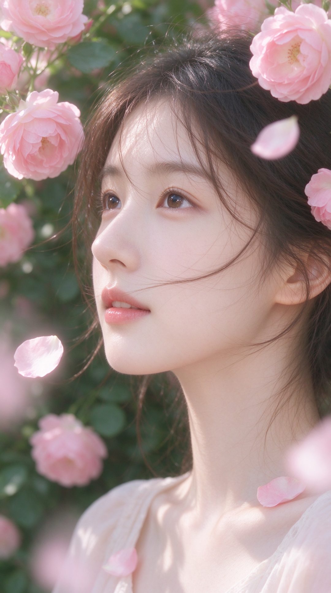 蔷薇花瓣伪素颜少女侧脸｜梦幻治愈竖屏壁纸