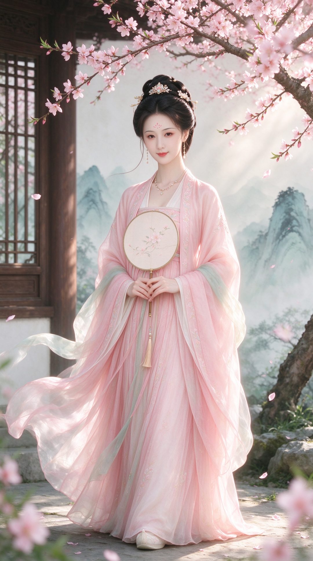 桃花汉服仕女团扇园林｜温柔治愈竖屏壁纸
