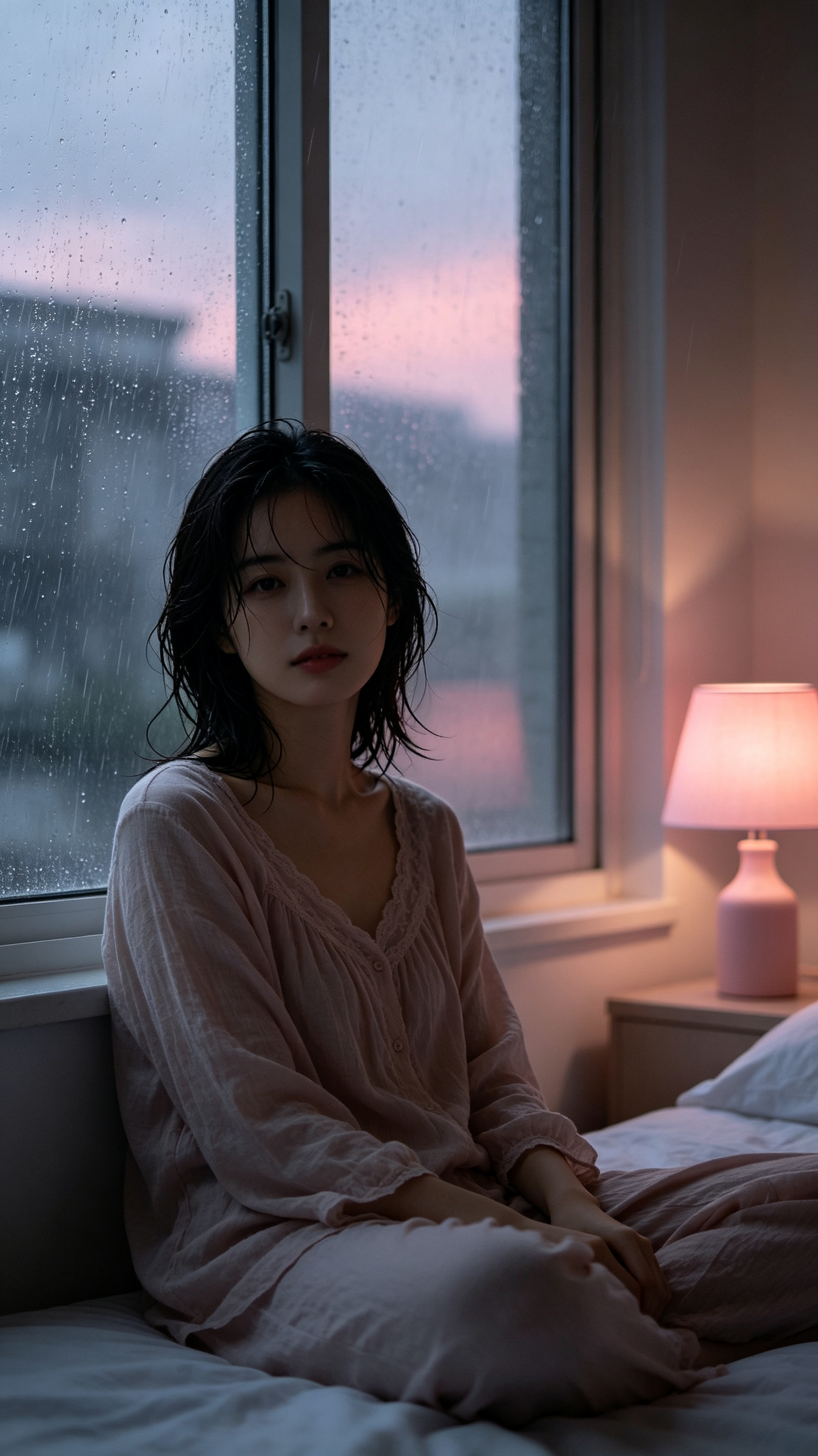 灰粉雨夜安静忧郁｜室内床边女生原生相机9:16手机壁纸