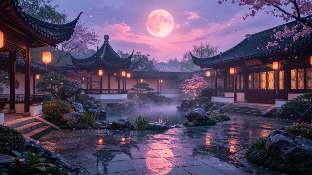 月夜中式庭院 柔粉满月横屏电脑壁纸