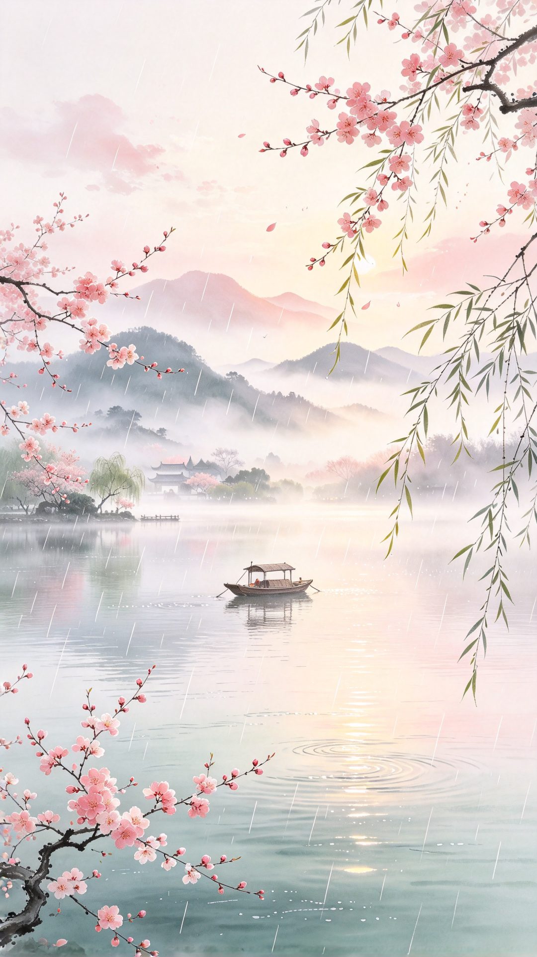 奶雾粉江南烟雨水墨｜唯美治愈竖屏壁纸