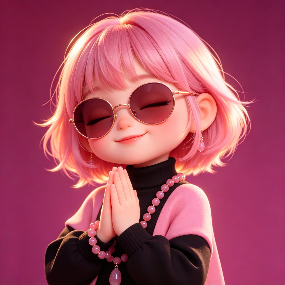 皮克斯3D Q版粉黑女孩AI头像：闭眼合十粉金逆光造型