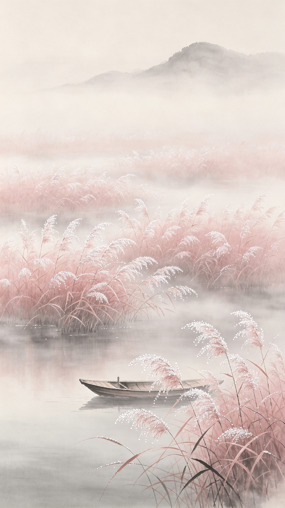 浅粉芦苇荡壁纸：晨雾扁舟水墨山水