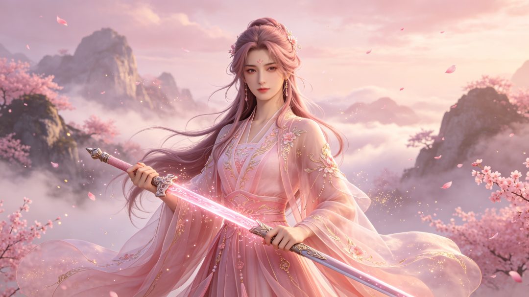 清冷女剑仙壁纸：烟粉长卷发与粉金仙裙