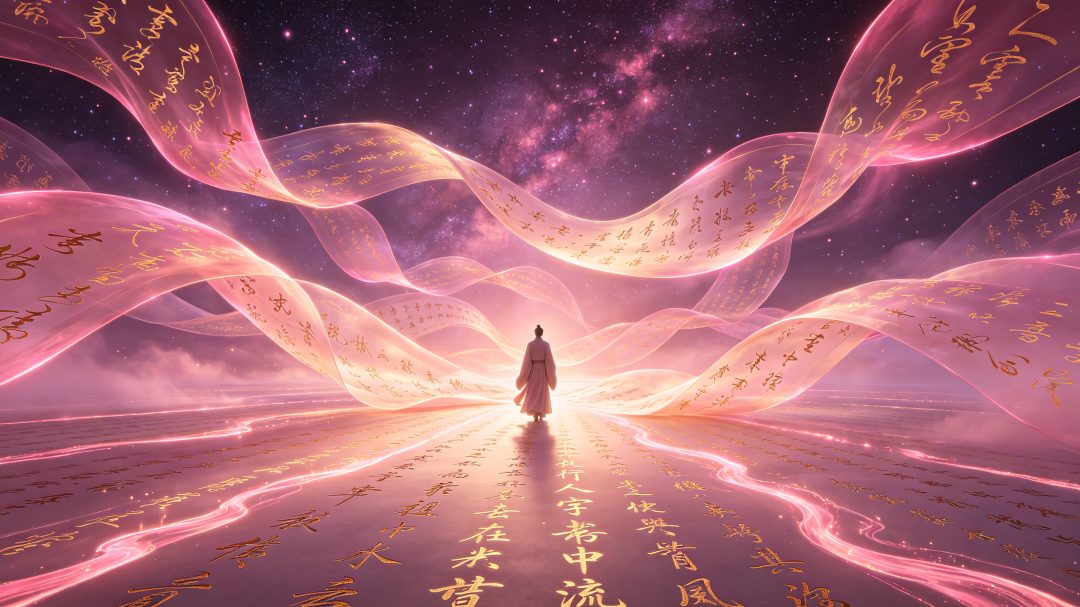 人在书中行 粉金书法飘带数字艺术壁纸