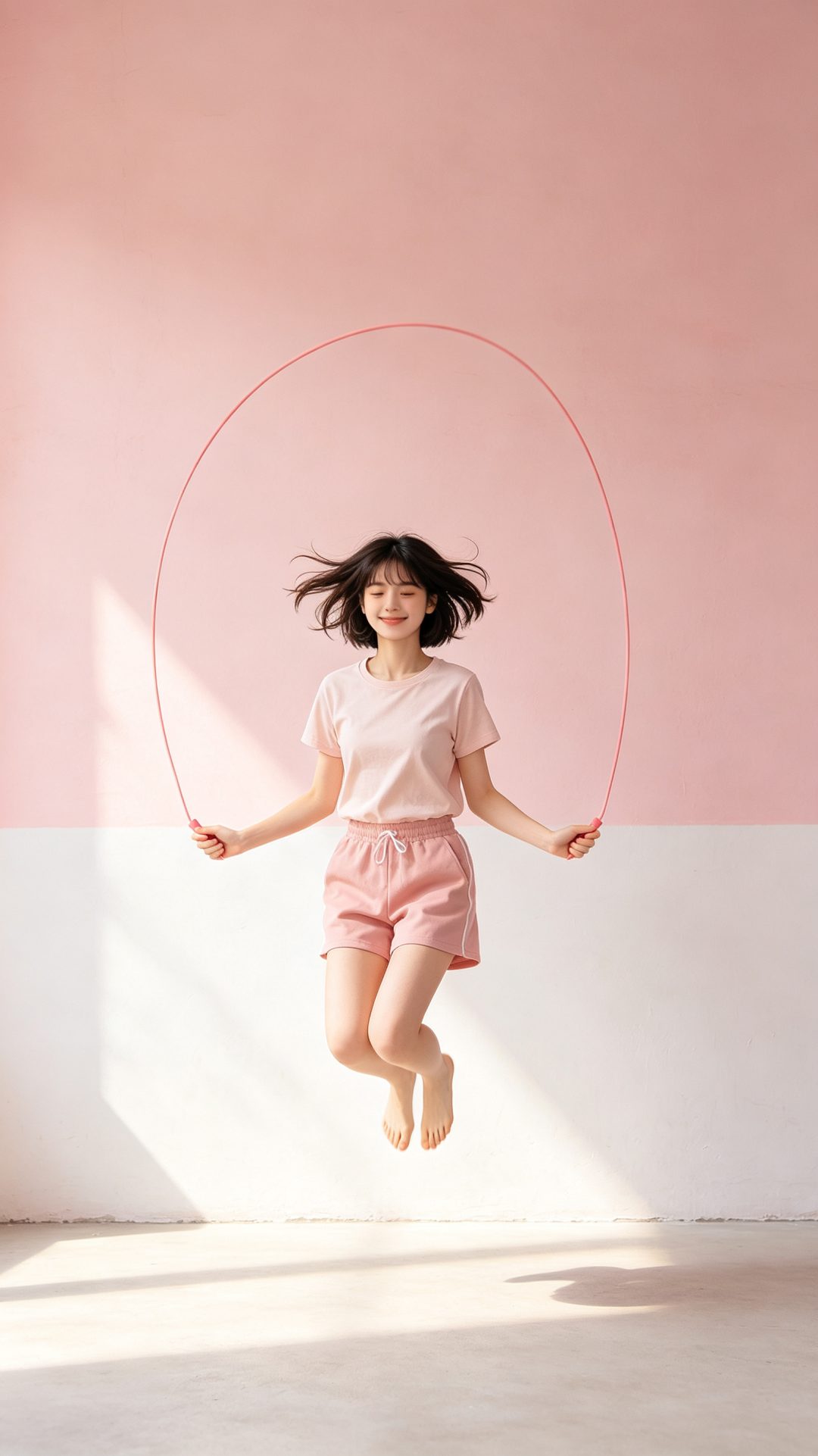 跳绳女孩 粉白墙治愈运动风手机壁纸