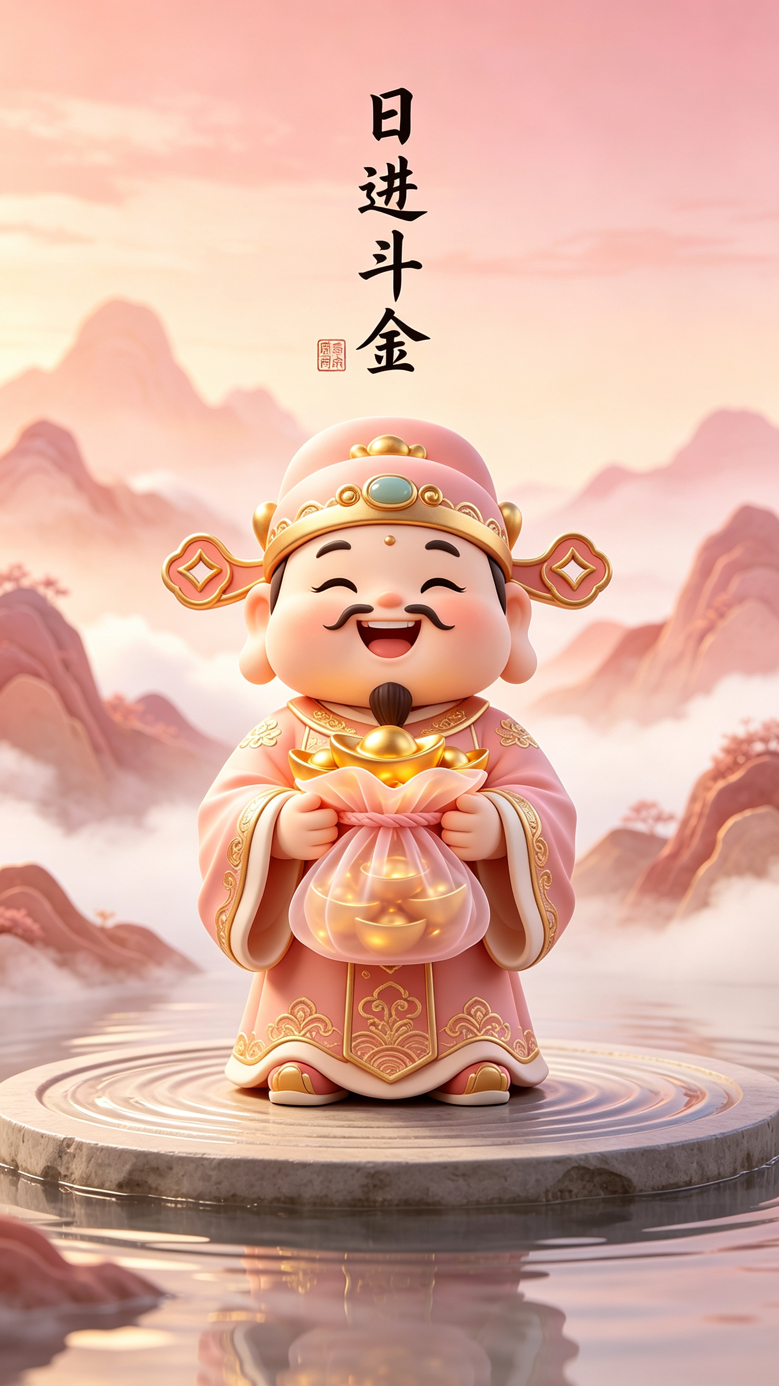 黏土盲盒粉财神日进斗金 招财治愈9:16手机锁屏壁纸