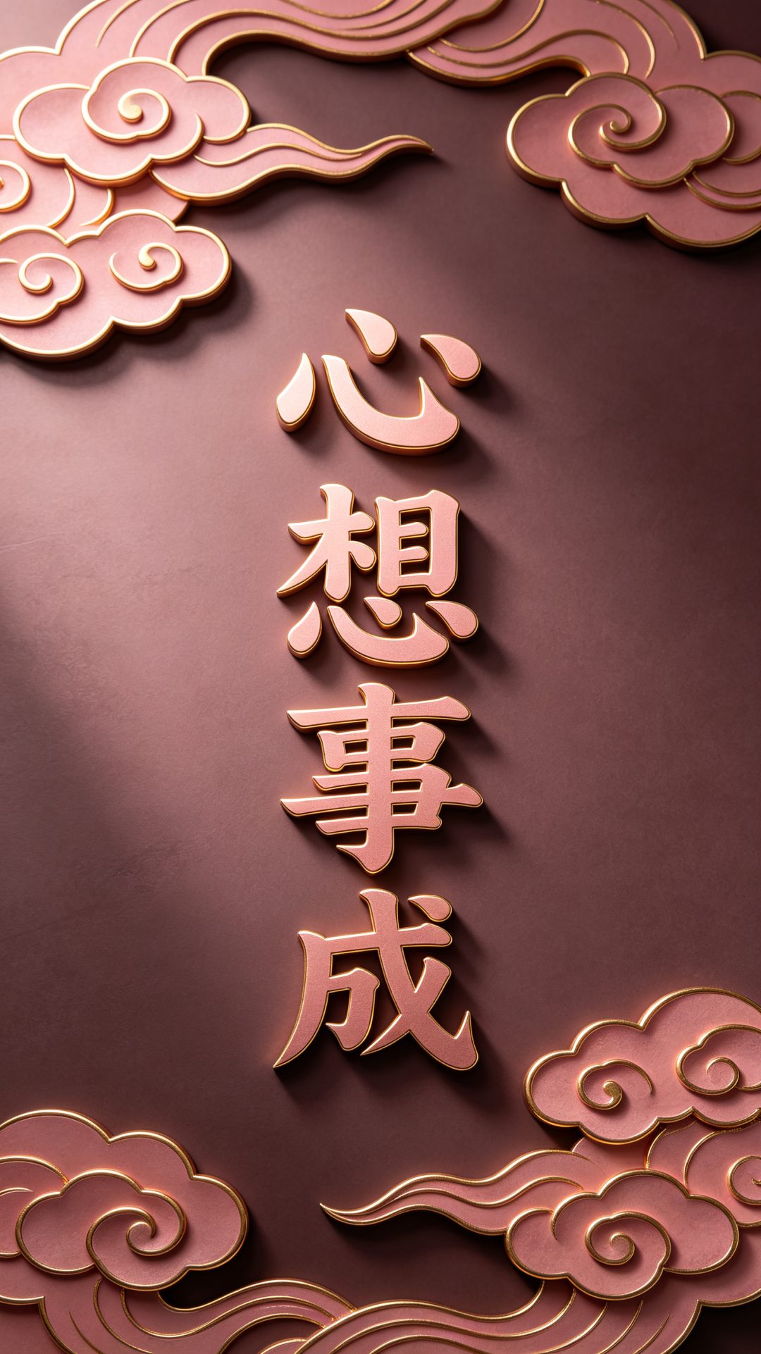 哑光深烟粉底色，细腻温润柔和涂刷肌理，高级暗调质感，画面上下对称，粉金浮雕祥云纹样婉转雅致；画面中间竖排立体粉金楷书“心想事成”，金属光泽饱满温润，浮雕层次清晰锐利，传统祥云搭配吉祥文字，配色低调华贵，简约规整构图，古韵悠长，充满美好祝福寓