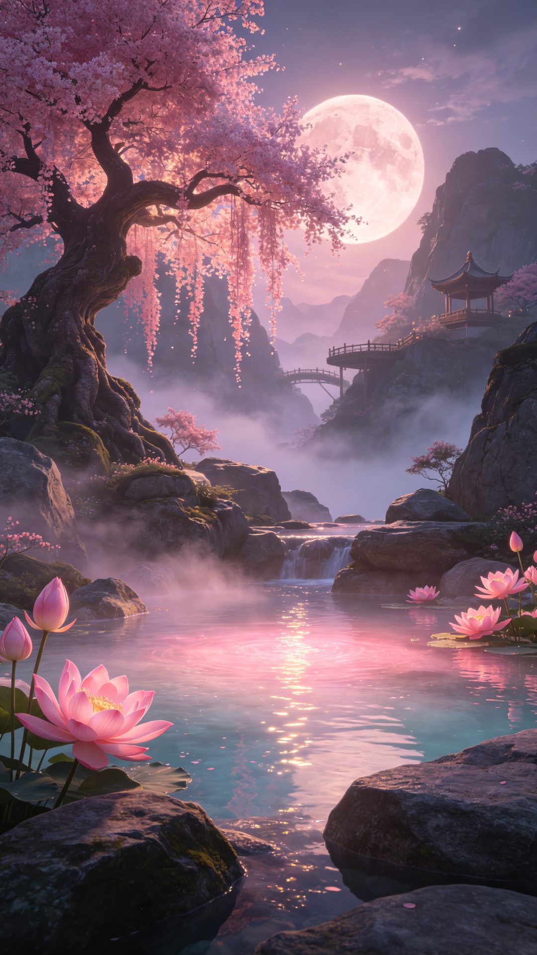烟粉灵泉幽昙花｜山谷秘境竖版手机壁纸
