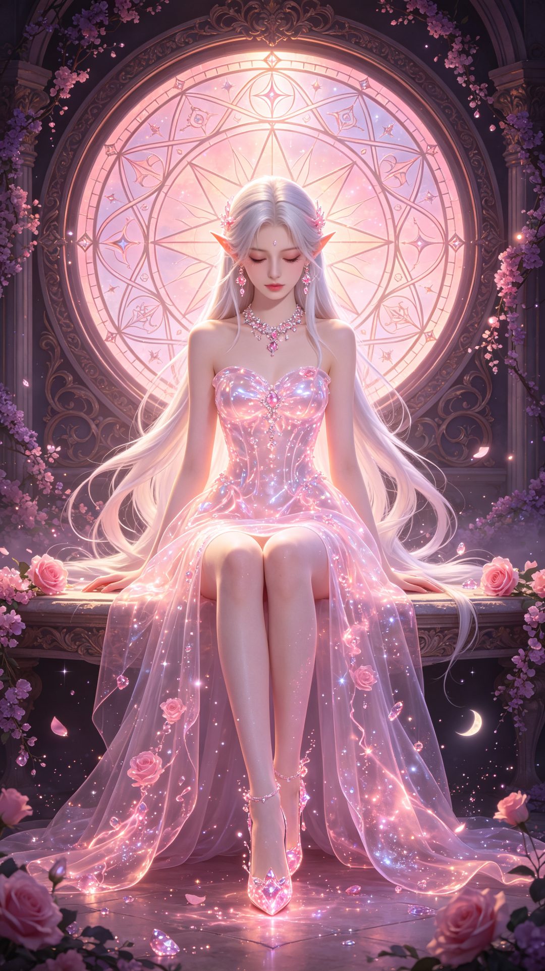 银发粉晶精灵女王｜空灵梦幻竖版壁纸