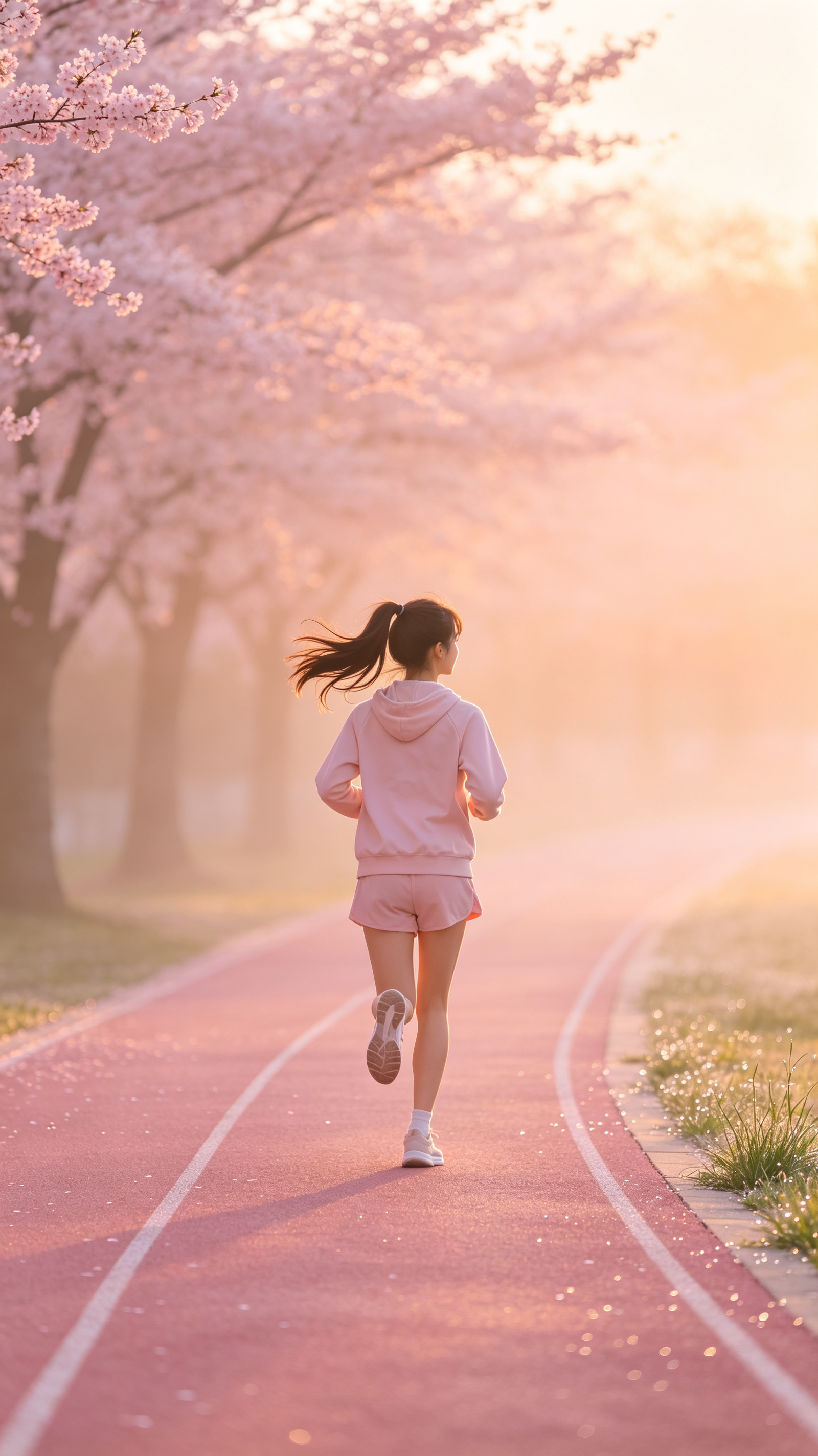 樱花跑道晨跑女孩壁纸_粉橘晨光减肥自律治愈9:16竖屏