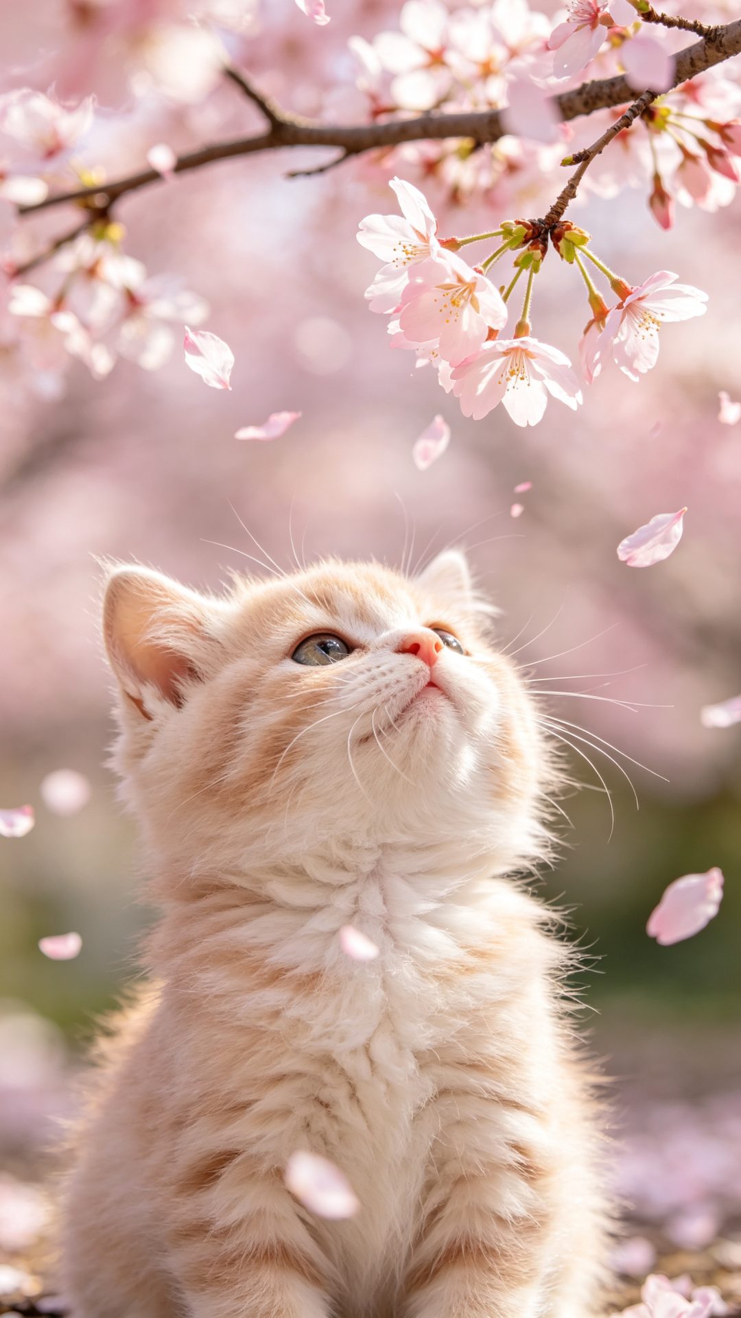 樱花树下小奶猫壁纸：软糯小猫抬头看飘落樱花瓣