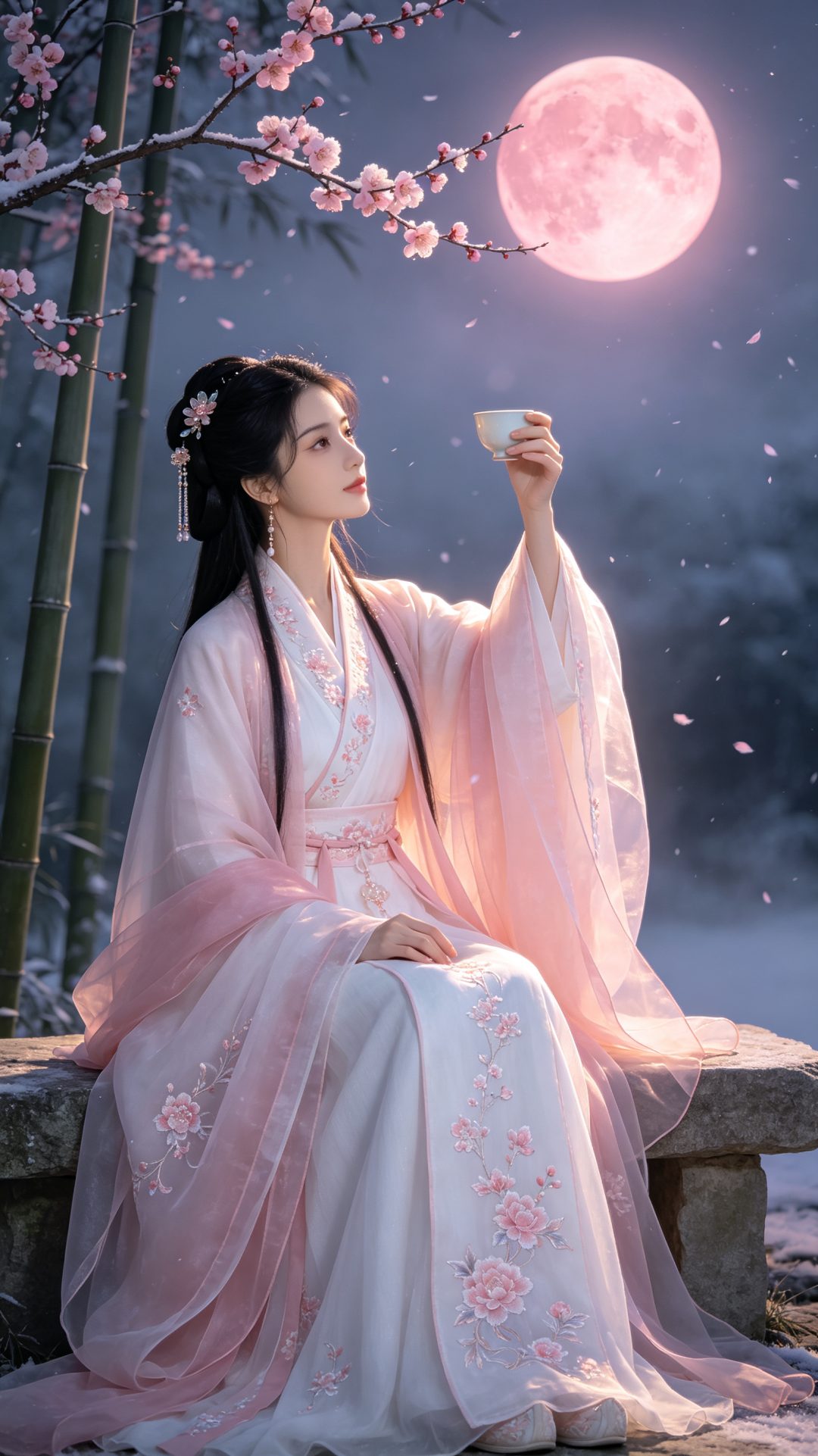 月下独坐汉服少女｜烟粉冷调古风手机壁纸