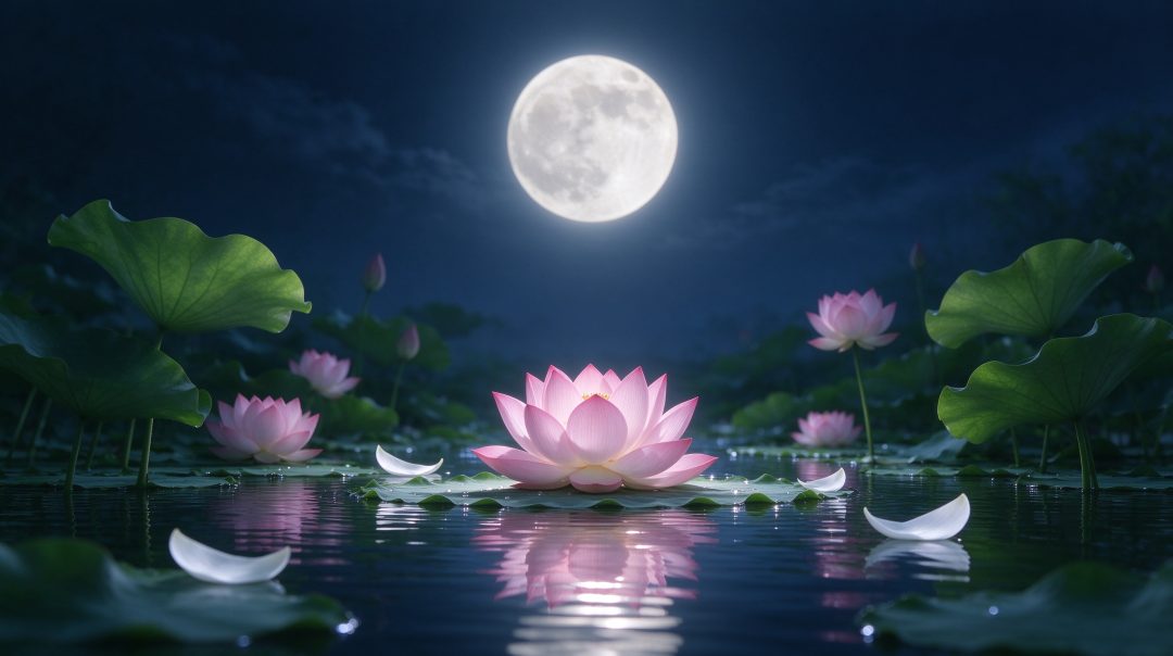 月夜粉荷池塘波光倒影｜清幽淡雅横屏壁纸