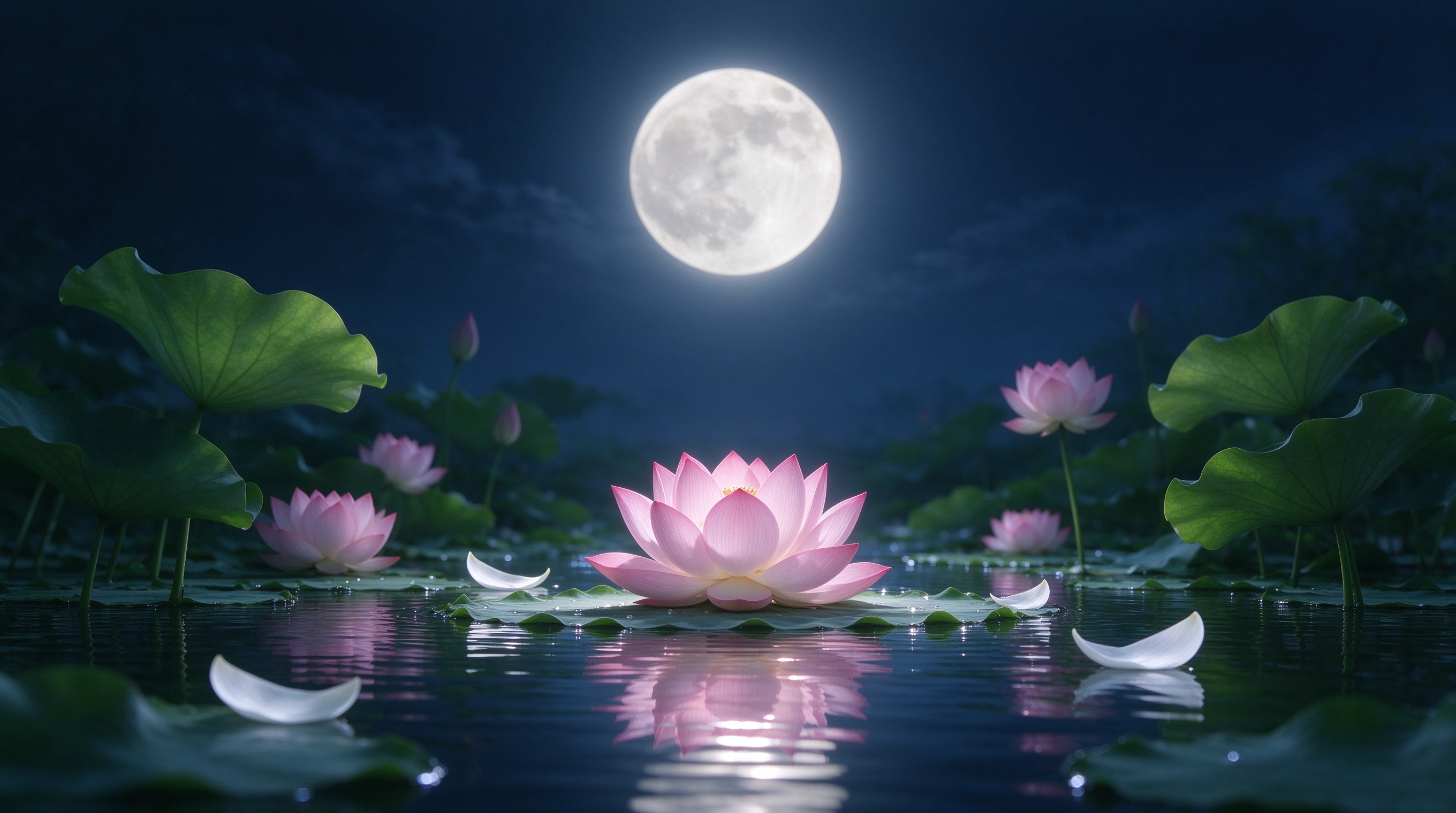 月夜粉荷池塘波光倒影图 清幽淡雅16:9横屏电脑壁纸