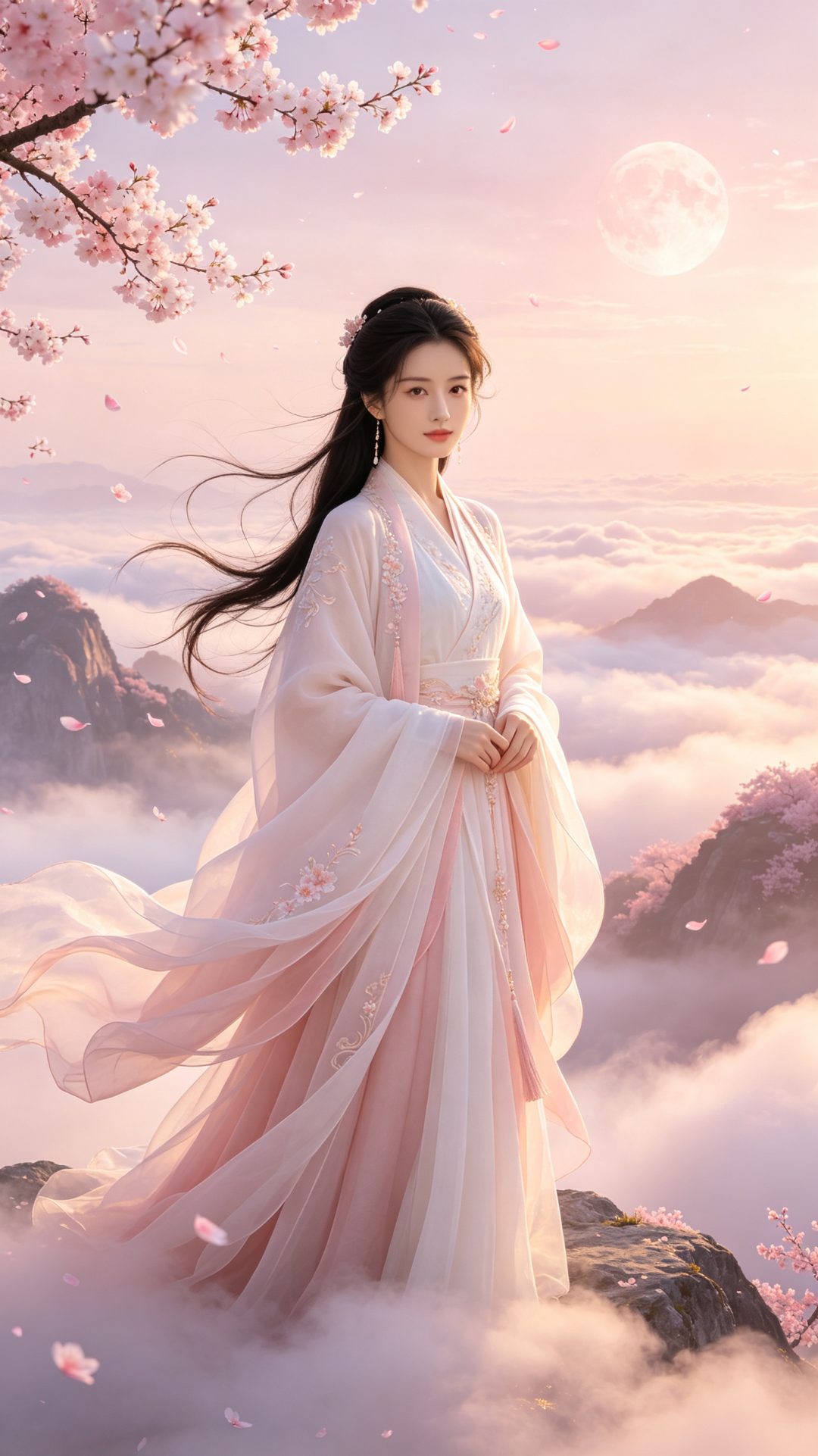 云海仙山清冷仙侠女子｜烟粉奶白竖版手机壁纸
