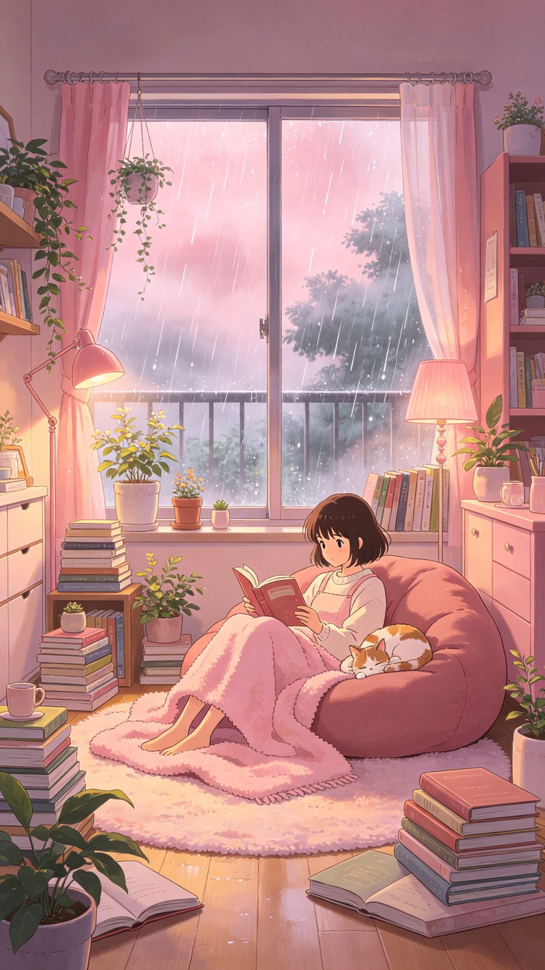 雨天治愈小公寓｜宫崎骏风格粉调插画手机壁纸