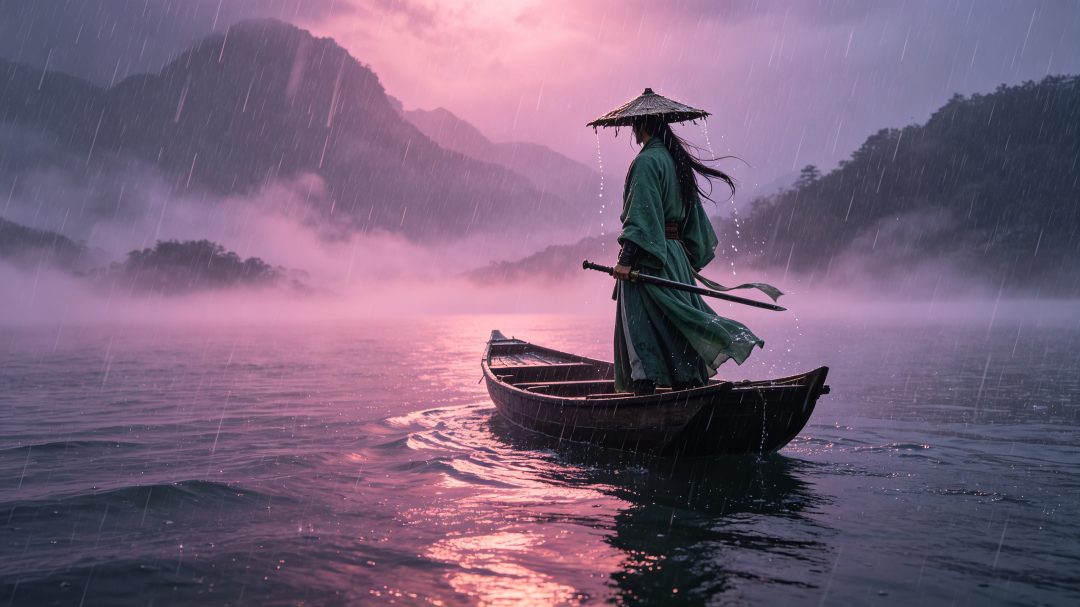 雨夜孤舟侠客 粉紫江景横屏壁纸