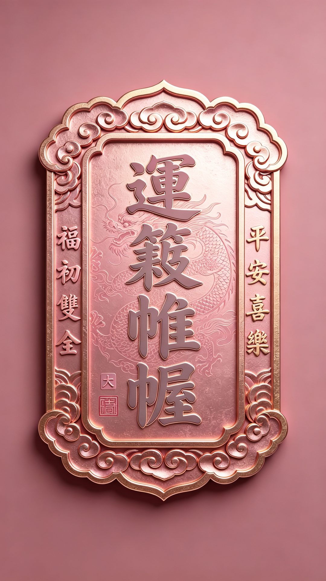 中式复古牌匾壁纸：深藕粉玫瑰金浮雕与灰玫瑰书法