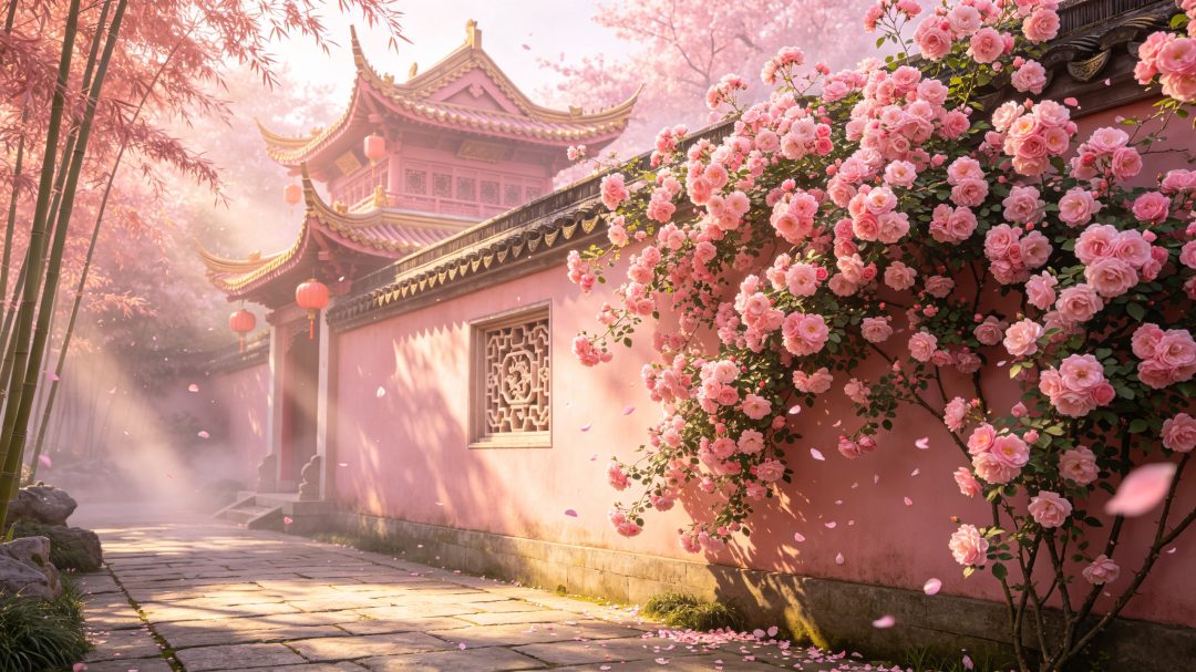 蔷薇花墙中式园林 横屏电脑壁纸