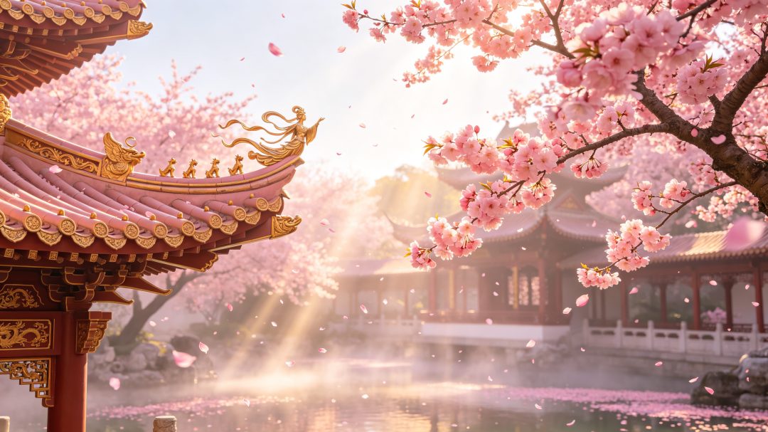 柔粉鎏金中式园林 桃花横屏电脑壁纸