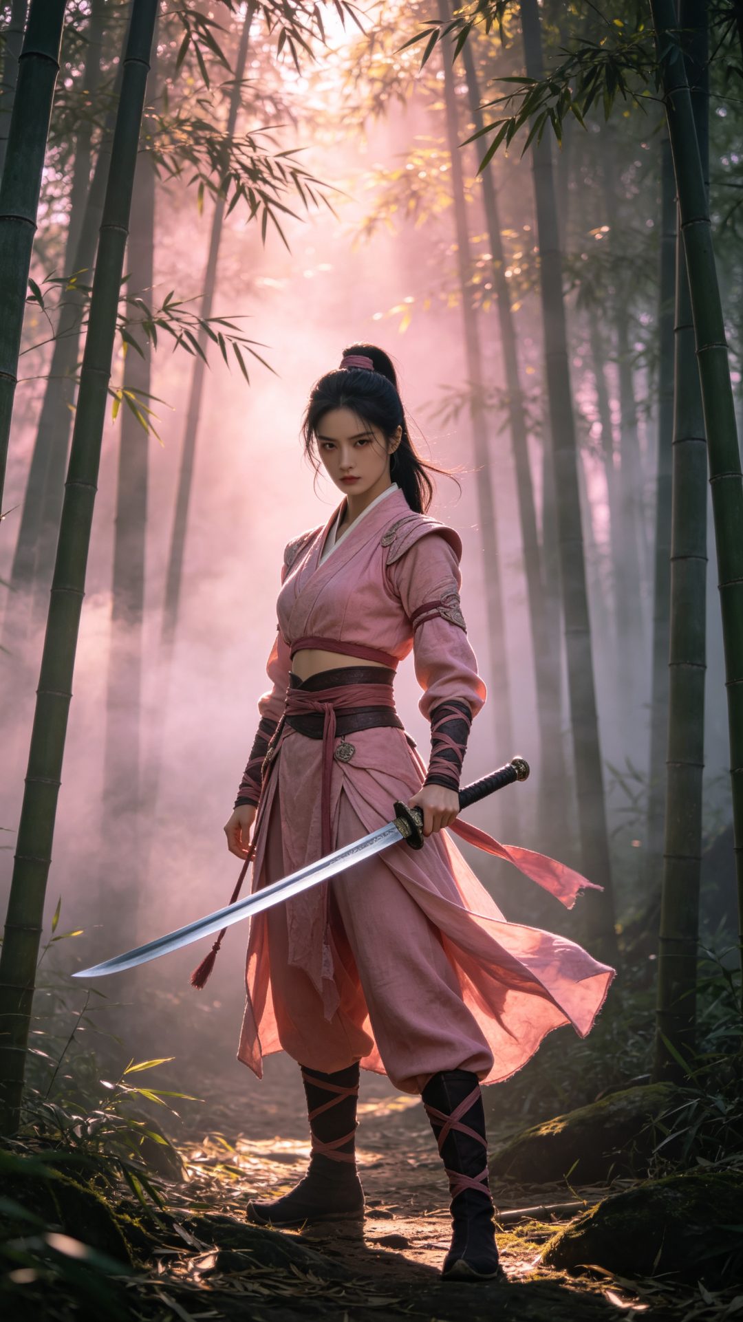 竹林粉金逆光武侠女子｜英气飒爽手机壁纸