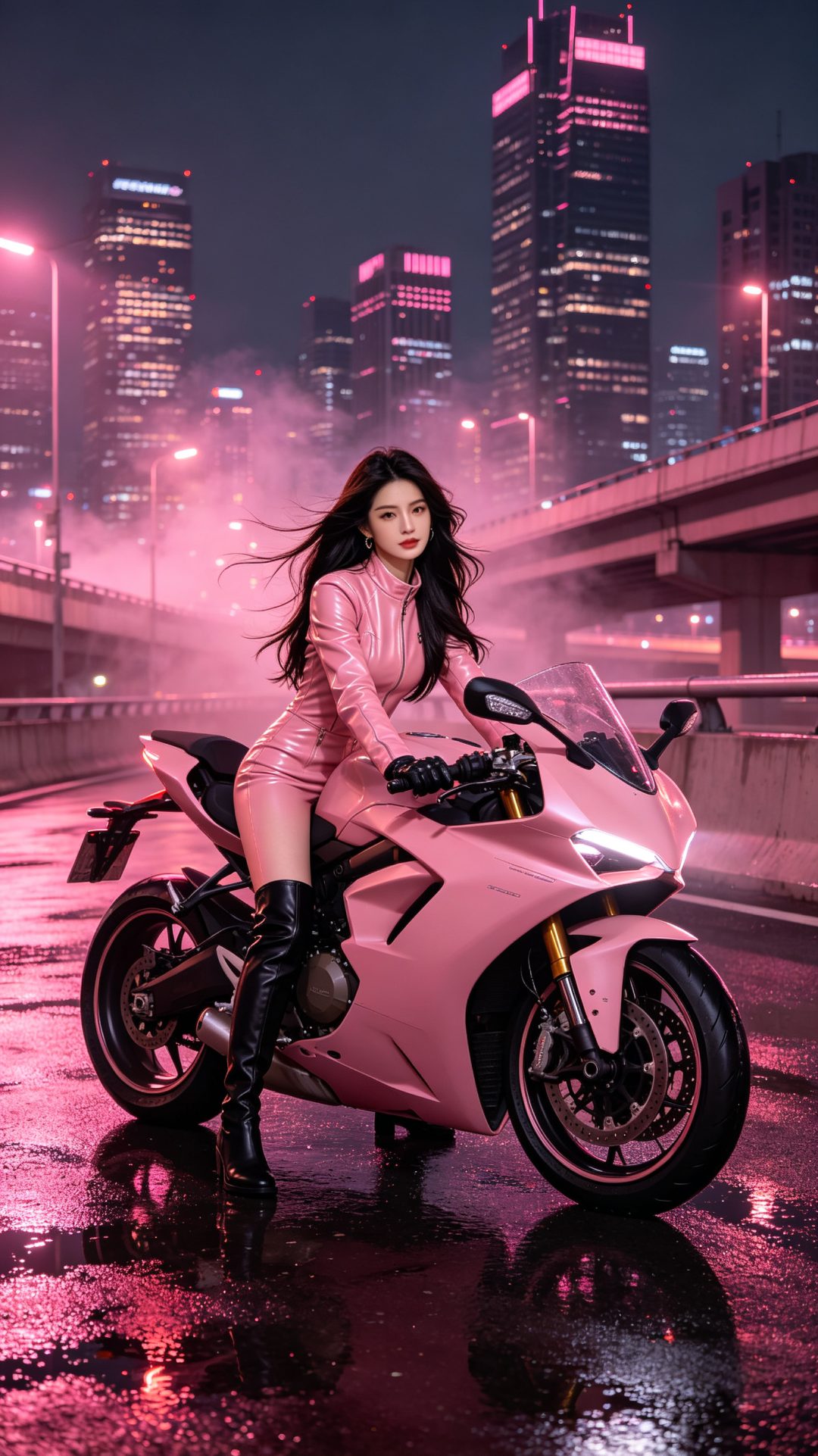 夜樱粉机车美女竖屏壁纸