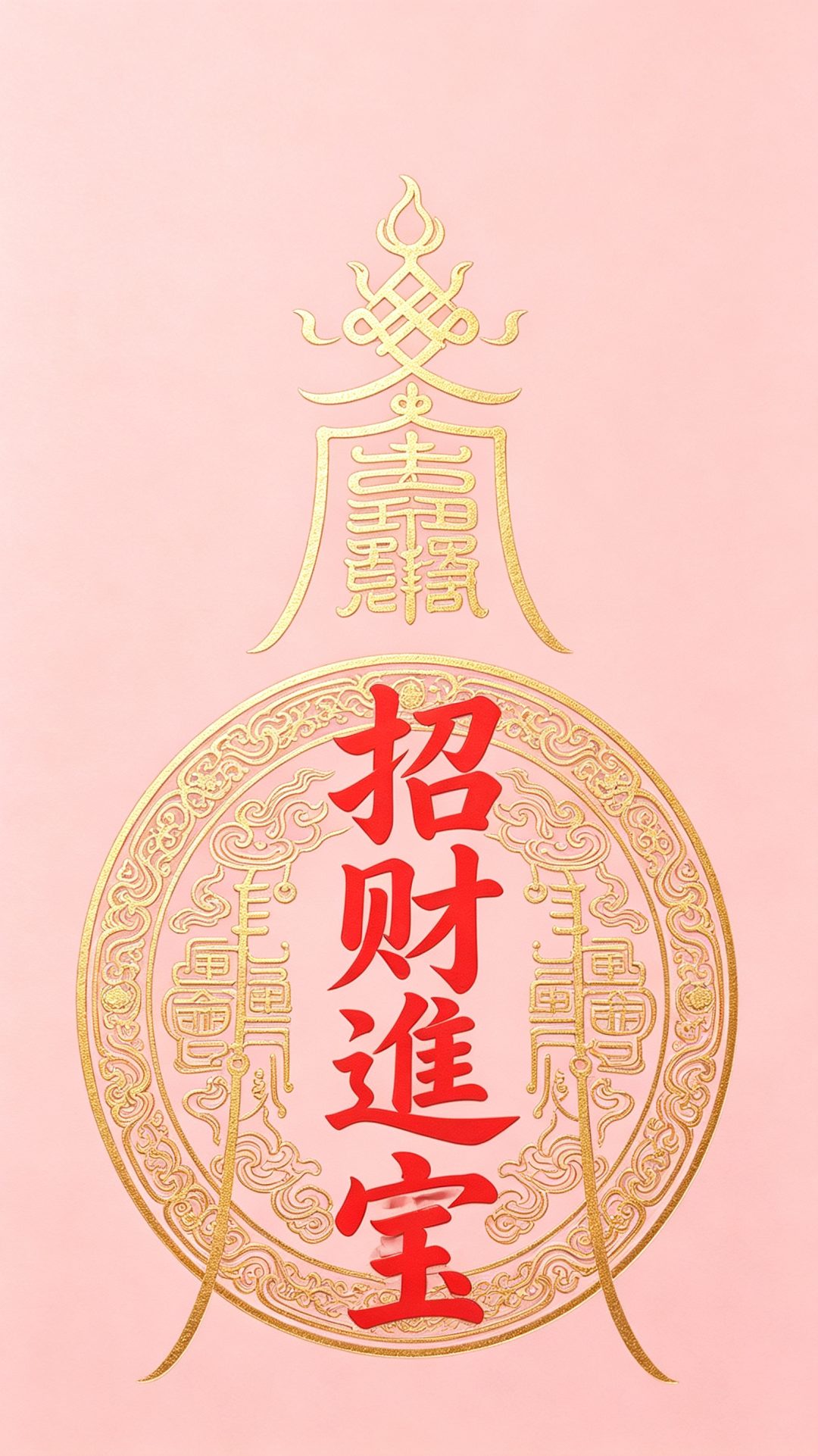 樱花粉烫金符文招财进宝｜中式国风竖屏壁纸